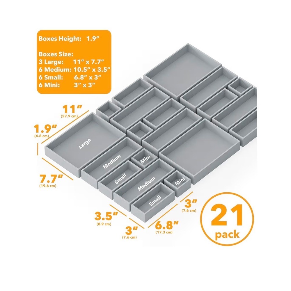 SpaceAid 21 Piece Bamboo Drawer Organizer Set Gray Storage Bins Tray Pack
